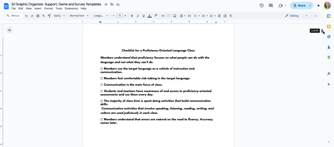 Checklist for a proficiency-oriented classroom displayed