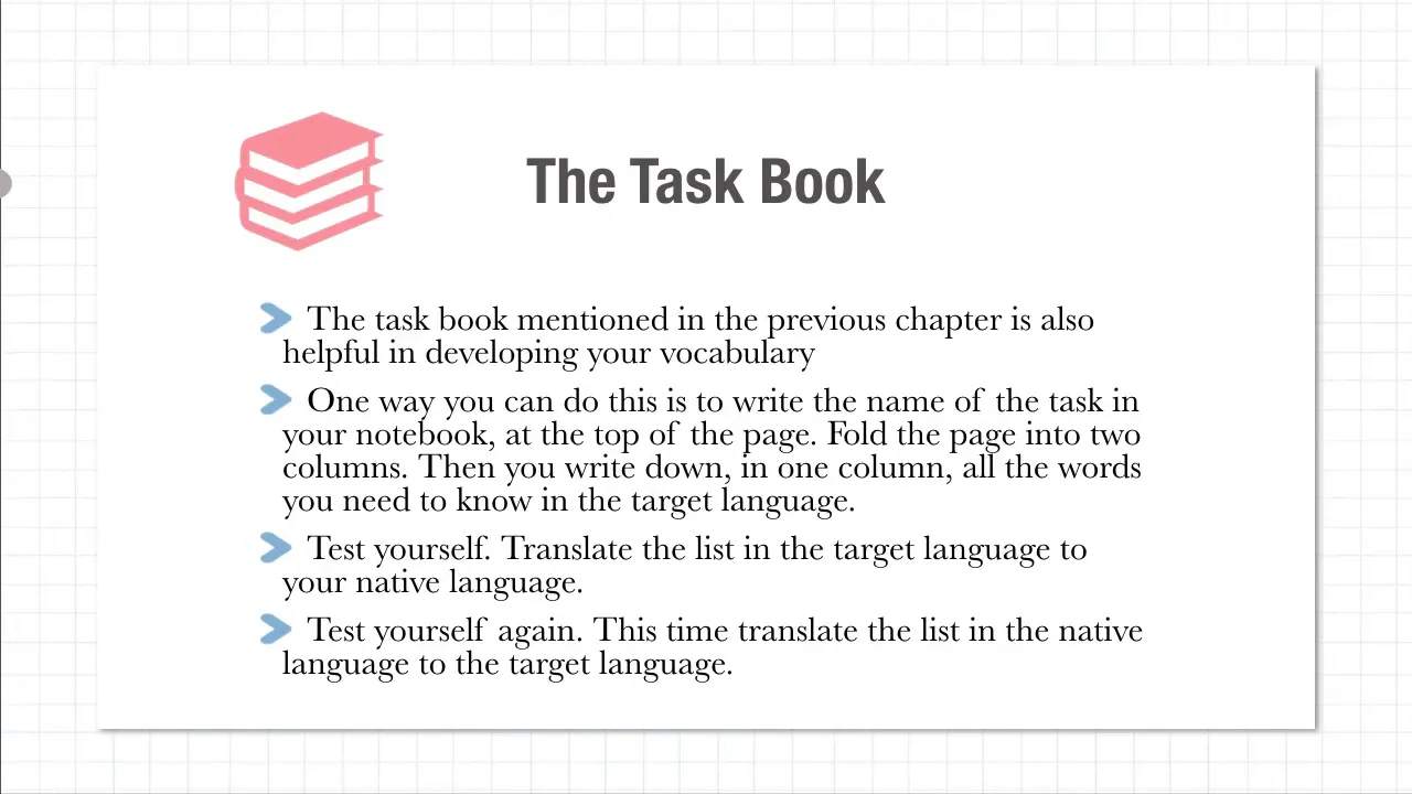 Vocabulary columns on paper with folded sections