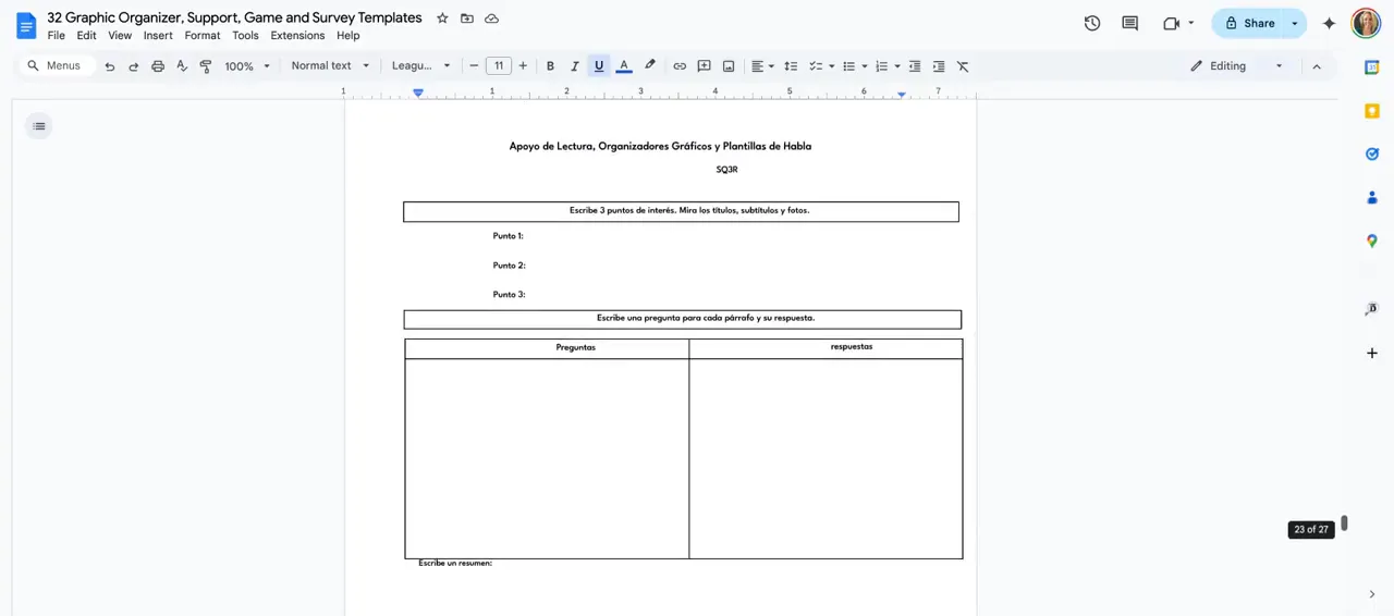 Text excerpt in Spanish with student notes and questions