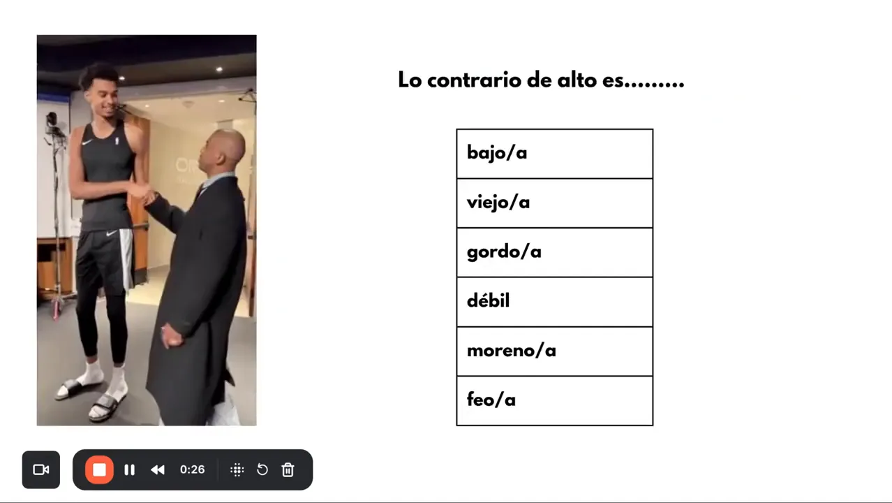 Examples of opposite adjective pairs listed on the board