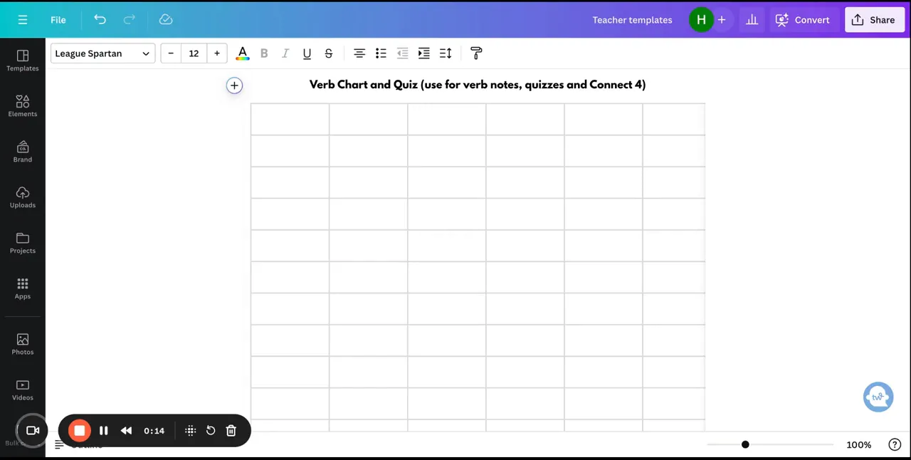Blank verb chart drawn on a board