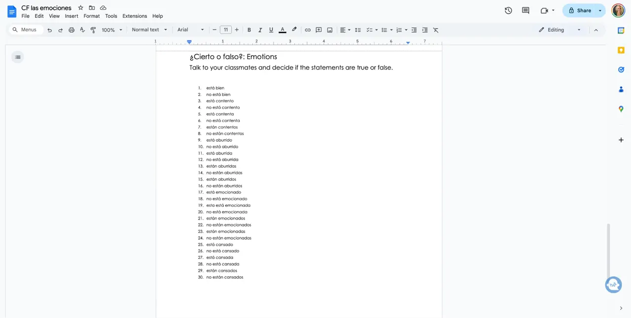 Example incomplete sentences about emotions on screen