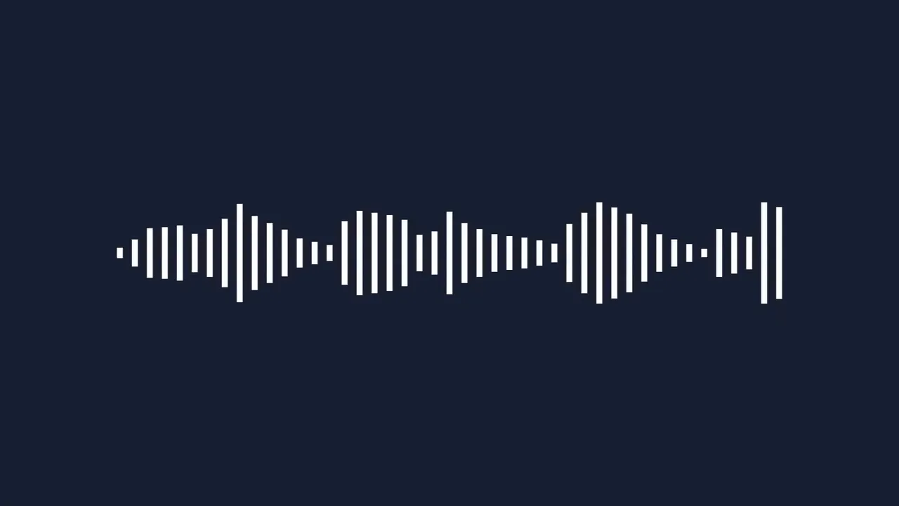 white multi-peak audio waveform on dark blue background representing spoken narration