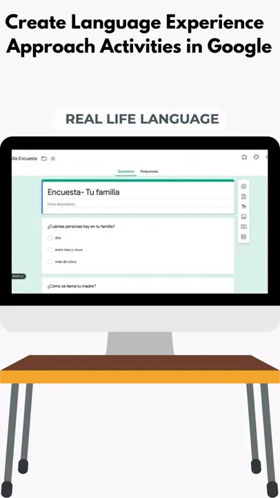 Desktop monitor displaying a Google Forms 'Encuesta - Tu familia' form with question fields visible.