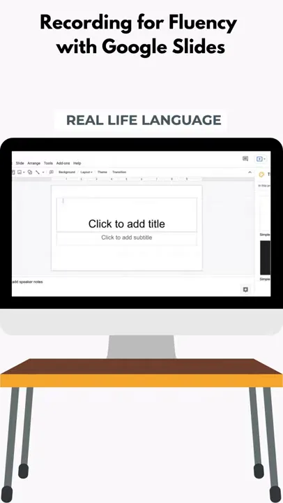 Clear view of Google Slides on a monitor showing the 'Click to add title' template, useful as a prompt slide for recording practice
