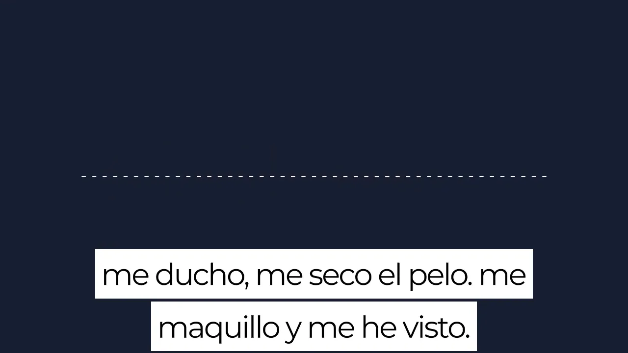 White caption boxes on a dark navy background reading 'me ducho, me seco el pelo. me maquillo y me he visto.' with a dashed horizontal divider above.