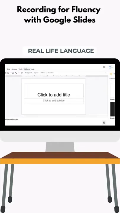 Desktop monitor showing Google Slides with a blank slide template and the heading 'Recording for Fluency with Google Slides'.