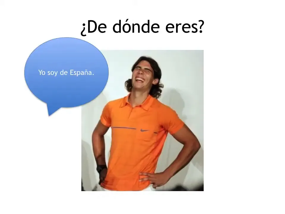 Person in an orange shirt laughing with a blue speech bubble that reads 'Yo soy de España.'