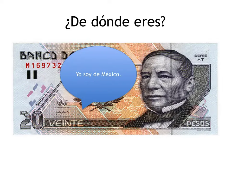 Wide view of a Mexican 20 peso banknote with a blue speech bubble that reads 'Yo soy de México.'