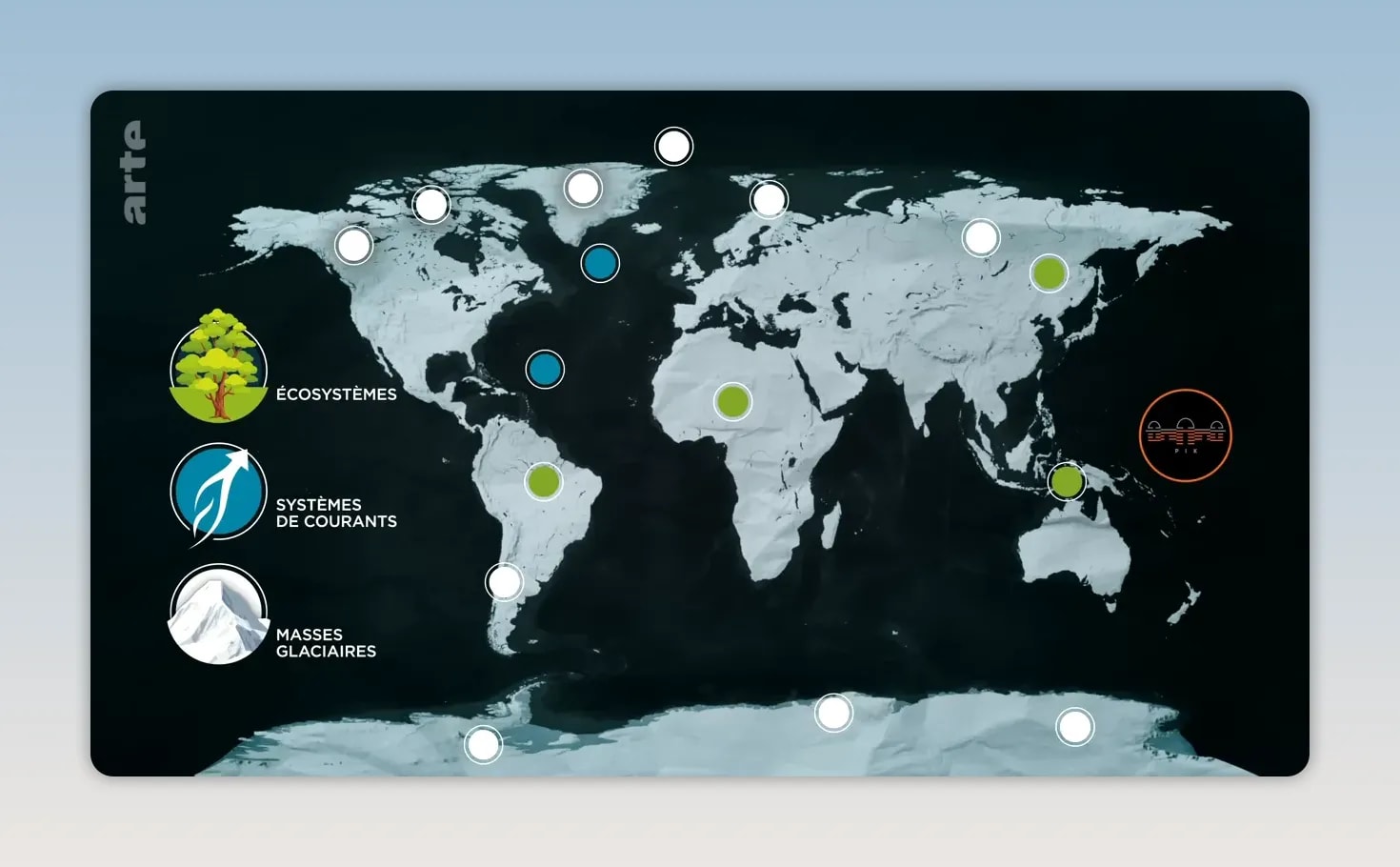 Carte du monde avec des symboles représentant les écosystèmes, les courants océaniques et les calottes glaciaires